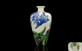 Moorcroft Modern Tube lined Bottle Shaped Vase ' Cornflower's and Ladybirds ' Design.