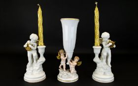 Amorini De Pompeii. Gianni Benvenuti Hand Decorated And Figural Fine Porcelain Vase With Matching