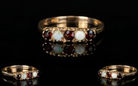 Ladies - Attractive 9ct Gold Opal and Garnet Set 5 Stone Ring. Fully Hallmarked. Ring Size Q - R.