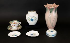 Set of Four Wedgwood Ceramics with Blue and Green Floral Design. Along with a pink and green vase in