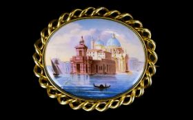 Antique Period - Superb Quality Gold and Painted Enamel Brooch.