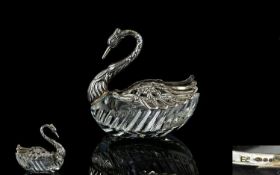 West German 1970's Sterling Silver And Cut Glass Figural Swan Salt Dish The dish formed in
