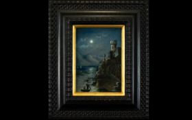 Antique Oil On Board In Ebonised Frame Depicts a a naively rendered seascape and castle by