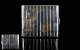 Very Good Quality 1930's Silver Engine Turned Cigarette Case with Regency Stripe Decoration to Front