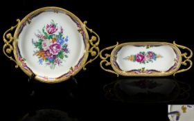 Two Limoges Dressing Table Trinkets comprising circular tray with gilt handles and oblong pin