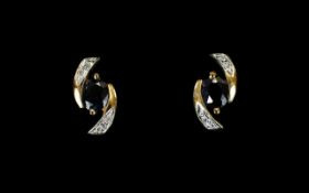 18ct Gold Attractive Pair of Sapphire and Diamond Earrings. Fully Hallmarked for 18ct.