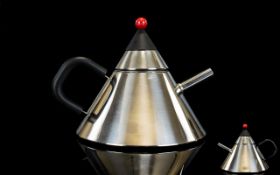 Conical Shaped Retro - Stainless Steel Teapot, Red Cherry to Top, From The 1960's. Japanese Market.