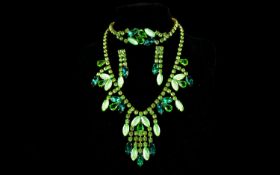Lilien Czech Vintage Crystal Set Jewellery Suite Three piece green rhinestone set jewellery