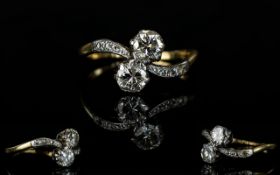 Antique - Attractive 18ct Gold and Platinum Set Two Stone Diamond Ring. The Two Old Round