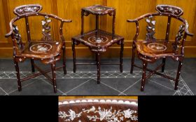 Pair Of 20thC Chinese Hardwood Corner Arm Chairs With Mother Of Pearl Floral Inlay,