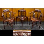 Pair Of 20thC Chinese Hardwood Corner Arm Chairs With Mother Of Pearl Floral Inlay,