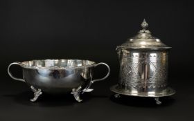 Silver Plated Tea Caddy. Hinged Lid With Engraved Body Raised On Ball And Claw Feet.