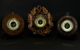 Collection of Small Antique Wall Hanging Circular Barometers ( 3 ) Black Forest Hand Carved Leaves -