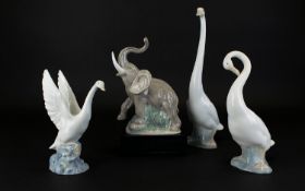 Nao by Lladro Collection of Porcelain Elephant and Bird Figures ( 4 ) In Total. Tallest Figure 13.