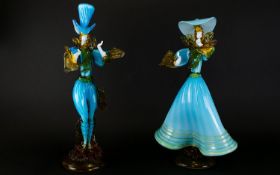 Murano 1960's G. Toffolo Impressive And Quality Pair Of Tall Glass Courtesan Figurines Blue and