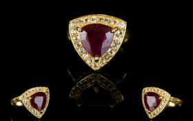 Ruby and White Topaz Trillion Shape Ring