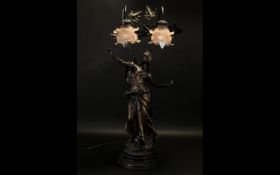 Large Figural Bronzed Effect Table Lamp, Modelled As A Classical Maiden, With Branch Supporting