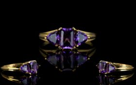 Ladies Attractive 9ct Gold 3 Stone Amethyst Set Ring.