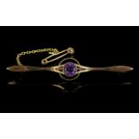 Edwardian Period 15ct Gold Amethyst Set Brooch with Attached 15ct Gold Safety Chain.