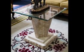 Contemporary Glass Coffee Table with stonework effect pillar to base and square glass top. 24 inches