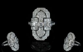 Art Deco Style 18ct White Gold - Nice Quality Diamond Set Dress Ring,