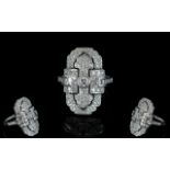 Art Deco Style 18ct White Gold - Nice Quality Diamond Set Dress Ring,