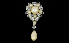 A Vintage Christian Dior Faux Pearl And Crystal Set Statement Brooch Large silver tone brooch set