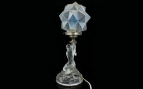 Art Deco Table Lamp Frosted Glass Figural Base Depicting A Semi Clad Maiden. Star Faceted Shade.