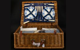Fully Fitted Wicker Picnic Basket By Optima West Sussex England. Blue Decorated Churchill Pottery.