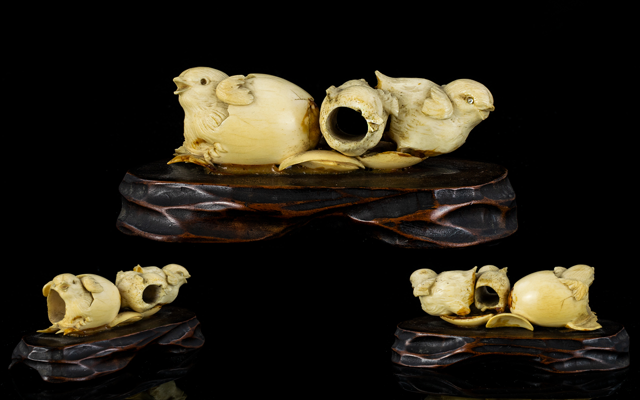 Japanese 19th Century Impressive Carved Ivory Group Figure - Depicting Chicks Hatching ( 3 ) From