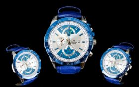 Contempory Fashion Watch, statement chronograph with cobolt blue dial & faux leather mock crock
