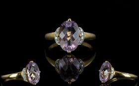 Ladies - Attractive and Modern 9ct Gold Amethyst and Diamond Dress Ring.