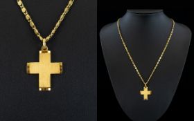 18ct Brushed Gold Cross with Attached 18ct Gold Well Designed Link Chain. Marked 18ct.