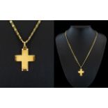18ct Brushed Gold Cross with Attached 18ct Gold Well Designed Link Chain. Marked 18ct.