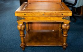 Rustic Style Side Table of Substantial form with square stretcher to base and carved legs with aged