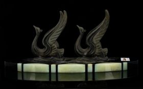 Art Deco Phoenix Centre Piece On Marble Base. Length 13 Inches.