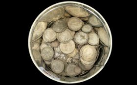 Tin Containing Over 100 Mixed Coins, Half Crowns, Crowns, Shillings, Sixpences etc.
