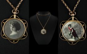 Art Nouveau - Nice Quality 9ct Gold Double Sided Pendant Locket with Attached 9ct Gold Long Belcher