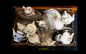 Box of Assorted Collectables including Oriental part teaset, glass paperweights, cake stand, Royal