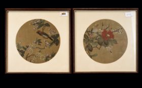 Pair of Oriental Silk Pictures of Birds and Flowers,