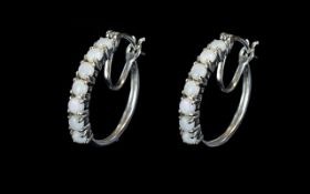 Australian Coober Pedy Opal Hoop Earrings, a close set row of round cut opals to the front of each