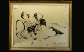 Albert Rusling (Cartoonist) jazz players, Oringial Pen And Ink.