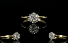 18ct Gold and Platinum Diamond Set Cluster Dress Ring. Flowerhead Design. c.1920's.