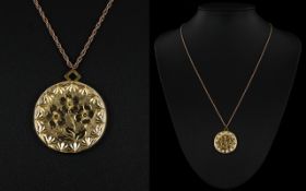 9ct Gold Contemporary Designed Circular Hinged Pendant / Locket with Engraved Floral Image to Front