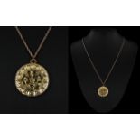 9ct Gold Contemporary Designed Circular Hinged Pendant / Locket with Engraved Floral Image to Front