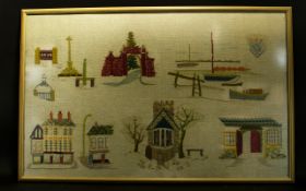 Local Interest Poulton-Le -Fylde Hand Embroidered Panel on Linen Large panel embroidered in