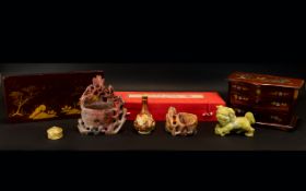 A Collection of Oriental Items including Chinese silk + brocade boxed scroll,