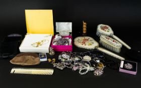 A Mixed Lot Of Costume Jewellery Vanity Items And Collectibles To include 1950's embroidered