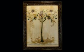 A Late 19th Century Embroidered Panel Polychrome embroidery On silk depicting the tree of life with