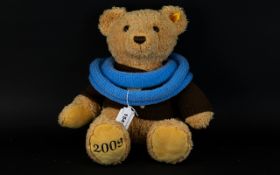 Steiff 2009 Teddy Bear with Blue Wool Scarf, Steiff Label to Ear. 16 Inches - 40 cm In Height.